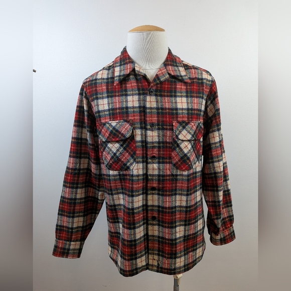 Vintage Pendleton Men's Red Plaid Button Front Shacket 100% Virgin Wool, sz LG - Picture 1 of 16